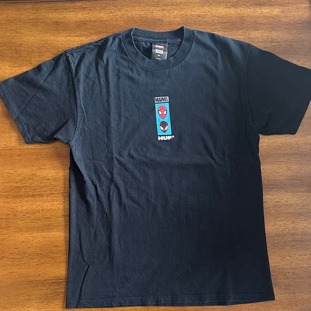 HUF Black Tee with Red & Blue Spider-Man Chest Graphic